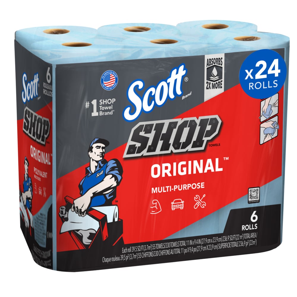 Scott® Shop Towels Original™ (75180), Original Blue Shop Towels, 9.4"x11" sheets, 4 Packs of 6 Rolls (55 Towels/Roll, 24 Rolls/Case, 1,320 Towels/Case) - 75180