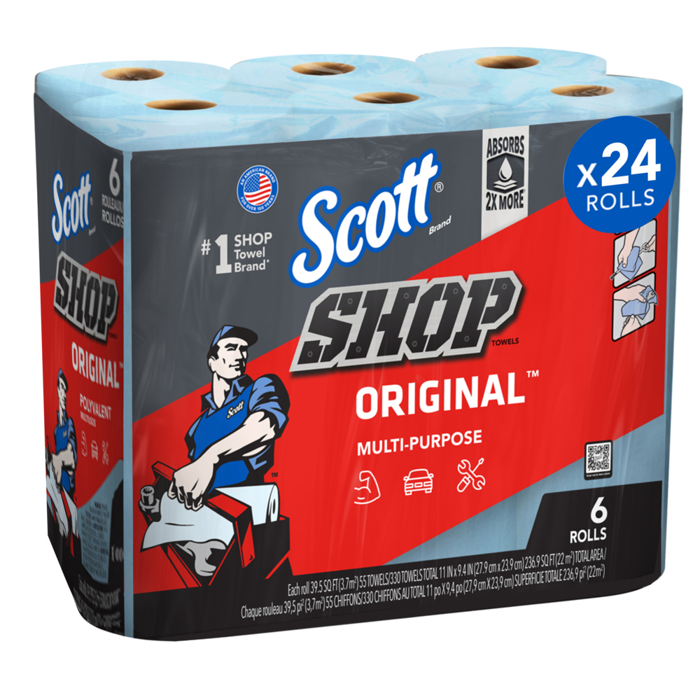 Scott® Shop Towels Original™ (75180), Original Blue Shop Towels, 9.4"x11" sheets, 4 Packs of 6 Rolls (55 Towels/Roll, 24 Rolls/Case, 1,320 Towels/Case) - 75180