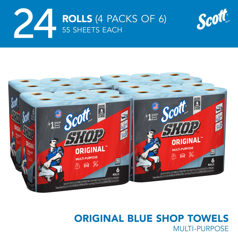 Scott® Shop Towels Original™ (75180), Original Blue Shop Towels, 9.4"x11" sheets, 4 Packs of 6 Rolls (55 Towels/Roll, 24 Rolls/Case, 1,320 Towels/Case) - 75180