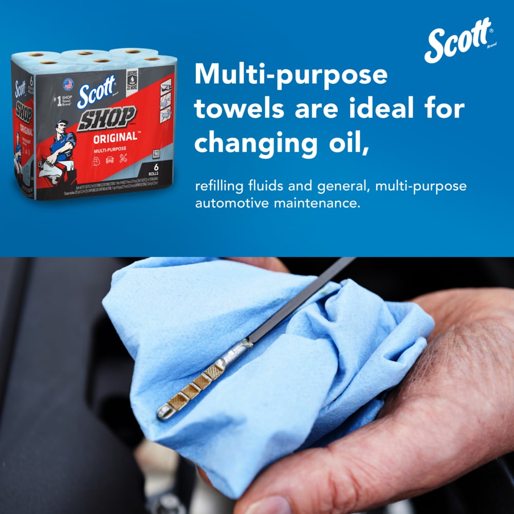 Scott® Shop Towels Original™ (75180), Original Blue Shop Paper Towels, 9.4"x11" sheets, 4 Packs of 6 Rolls (55 Towels/Roll, 24 Rolls/Case, 1,320 Towels/Case) - 75180