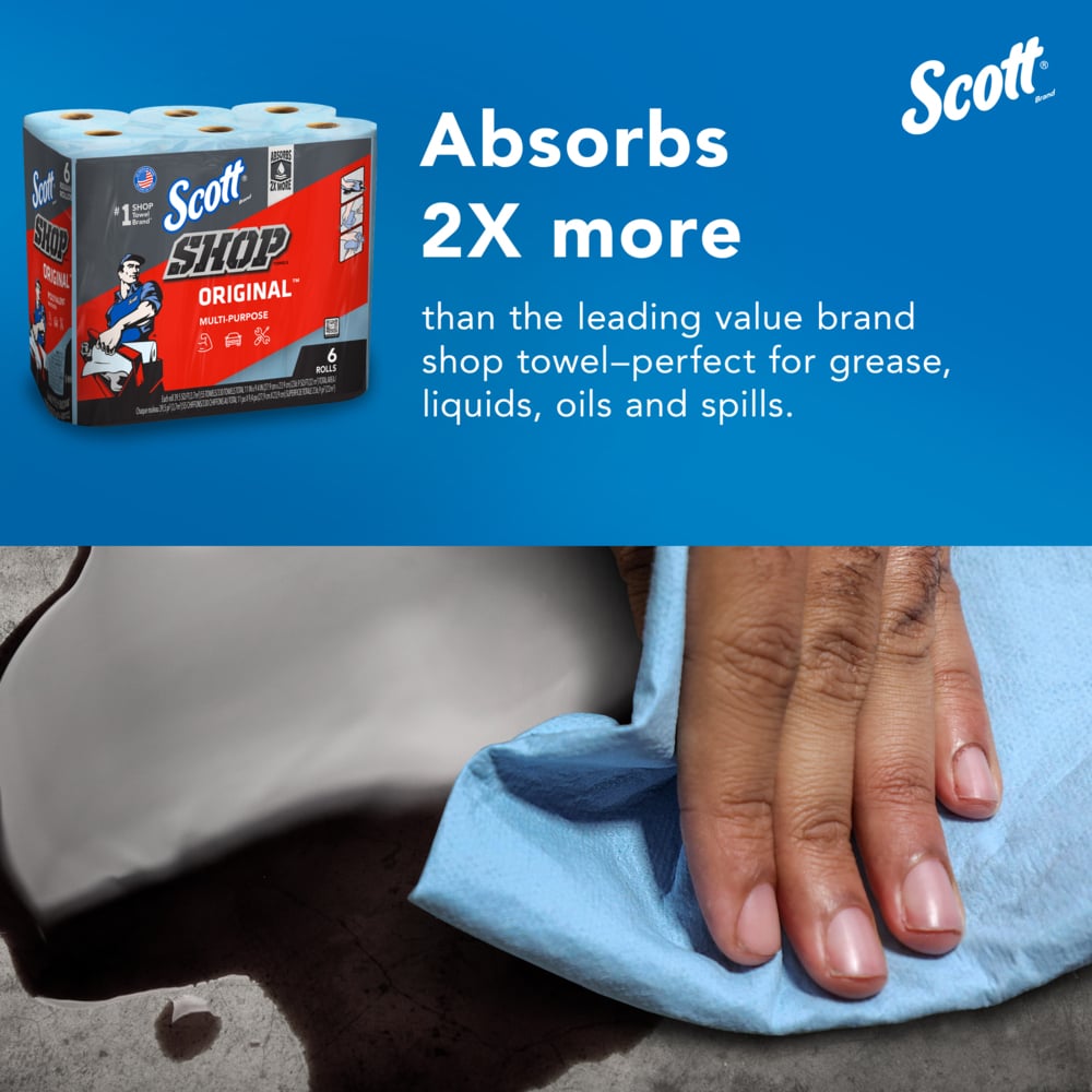 Scott® Shop Towels Original™ (75180), Original Blue Shop Towels, 9.4"x11" sheets, 4 Packs of 6 Rolls (55 Towels/Roll, 24 Rolls/Case, 1,320 Towels/Case) - 75180