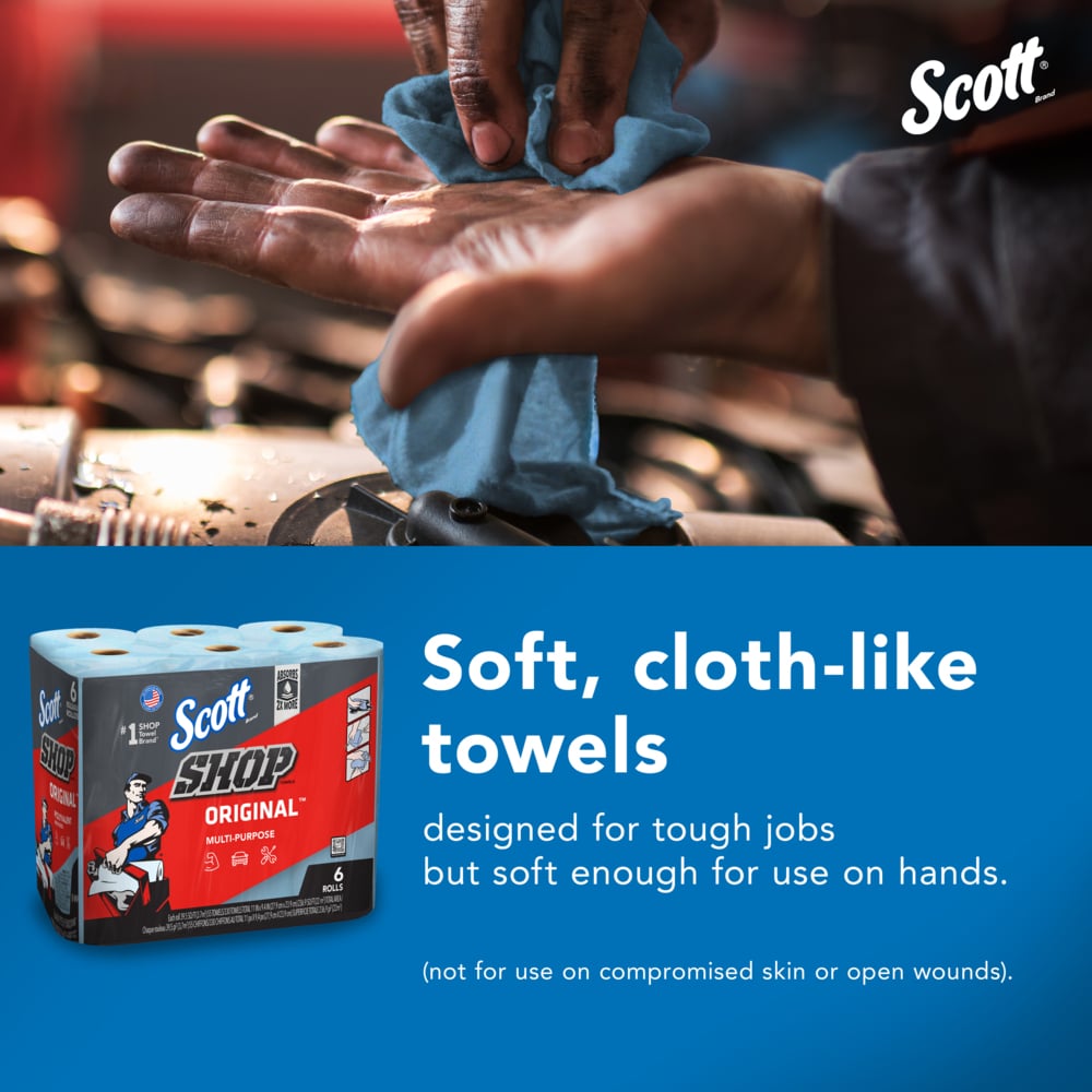 Scott® Shop Towels Original™ (75180), Original Blue Shop Towels, 9.4"x11" sheets, 4 Packs of 6 Rolls (55 Towels/Roll, 24 Rolls/Case, 1,320 Towels/Case) - 75180