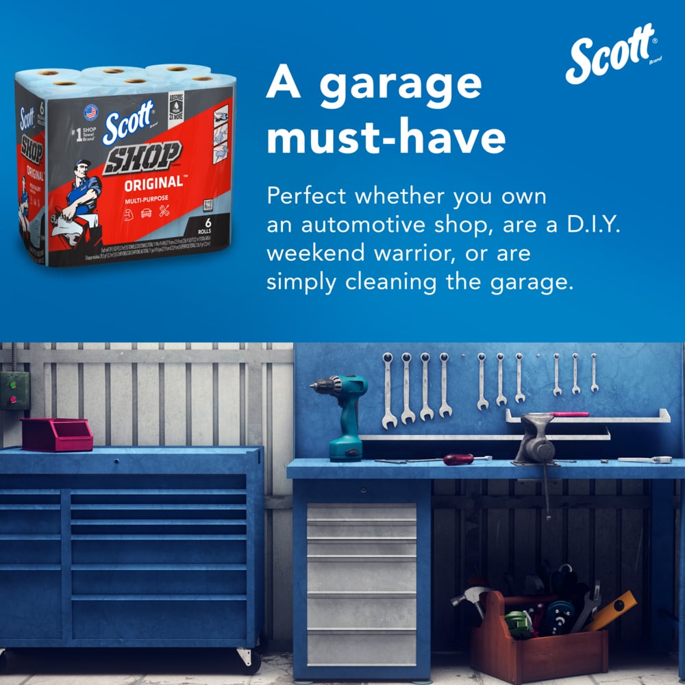 Scott® Shop Towels Original™ (75180), Original Blue Shop Paper Towels, 9.4"x11" sheets, 4 Packs of 6 Rolls (55 Towels/Roll, 24 Rolls/Case, 1,320 Towels/Case) - 75180
