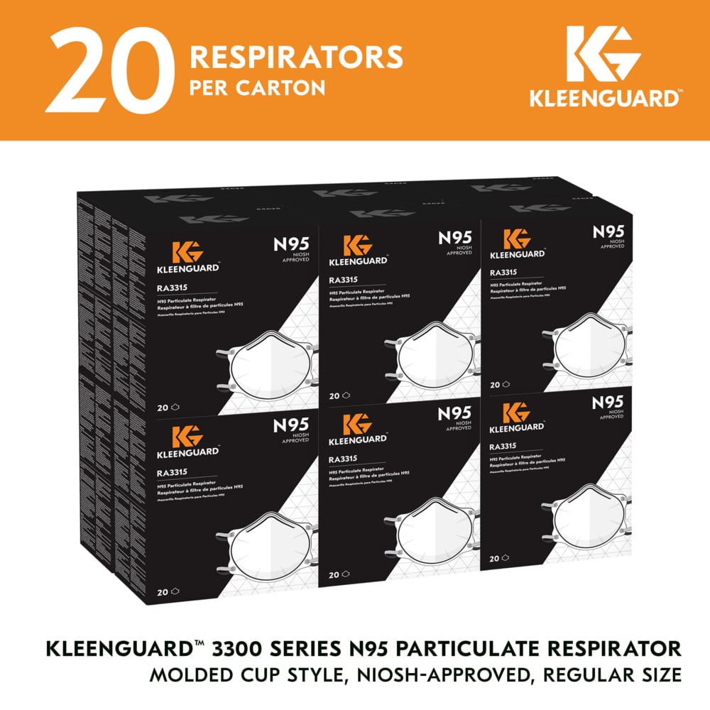 KleenGuard™ 3300 Series N95 Particulate Respirator (54625), RA3315 Molded Cup Style, NIOSH-Approved, Regular Fit, White (20 Respirators/Box, 12 Boxes/Case, 240 Respirators/Case) - 54625