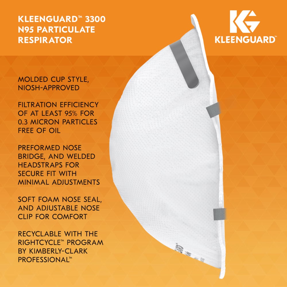 KleenGuard™ 3300 Series N95 Particulate Respirator (54625), RA3315 Molded Cup Style, NIOSH-Approved, Regular Fit, White (20 Respirators/Box, 12 Boxes/Case, 240 Respirators/Case) - 54625