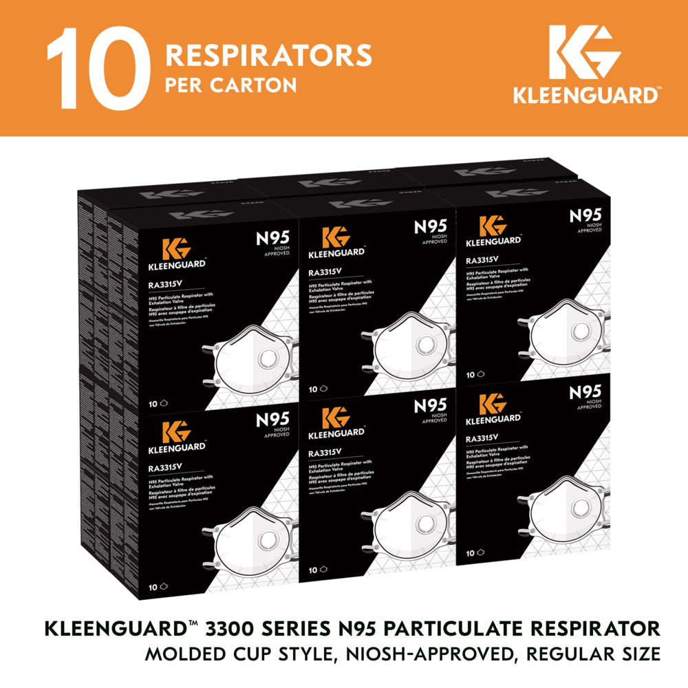 KleenGuard™ 3300 Series N95 Particulate Respirator (54626), RA3315V Molded Cup Style, NIOSH-Approved, Exhalation Valve, Regular Fit, White (10 Respirators/Box, 12 Boxes/Case, 120 Respirators/Case) - 54626