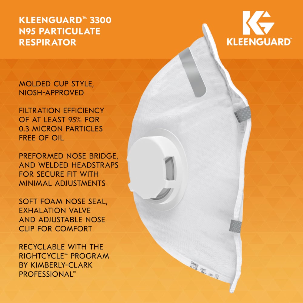 KleenGuard™ 3300 Series N95 Particulate Respirator (54626), RA3315V Molded Cup Style, NIOSH-Approved, Exhalation Valve, Regular Fit, White (10 Respirators/Box, 12 Boxes/Case, 120 Respirators/Case) - 54626