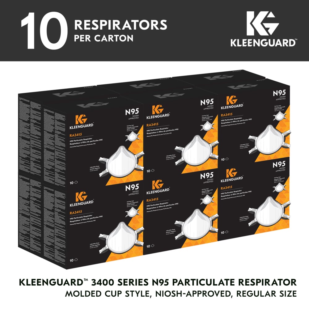 KleenGuard™ 3400 Series N95 Particulate Respirator (54627), RA3415 Molded Cup Style, NIOSH-Approved, Regular Fit, White (10 Respirators/Box, 12 Boxes/Case, 120 Respirators/Case) - 54627