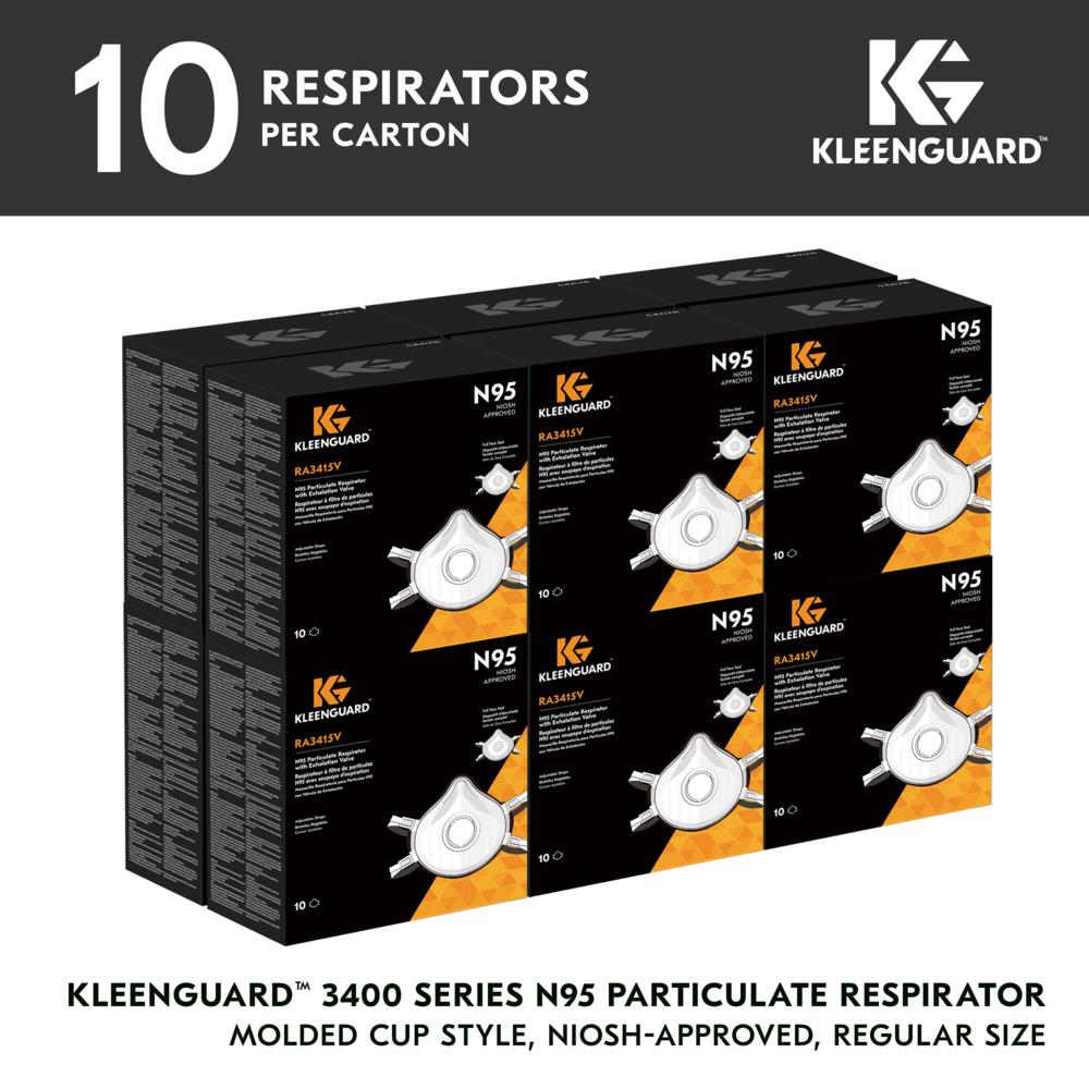 KleenGuard™ 3400 Series N95 Particulate Respirator (54628), RA3415V Molded Cup Style, NIOSH-Approved, Exhalation Valve, Regular Fit, White (10 Respirators/Box, 12 Boxes/Case, 120 Respirators/Case) - 54628