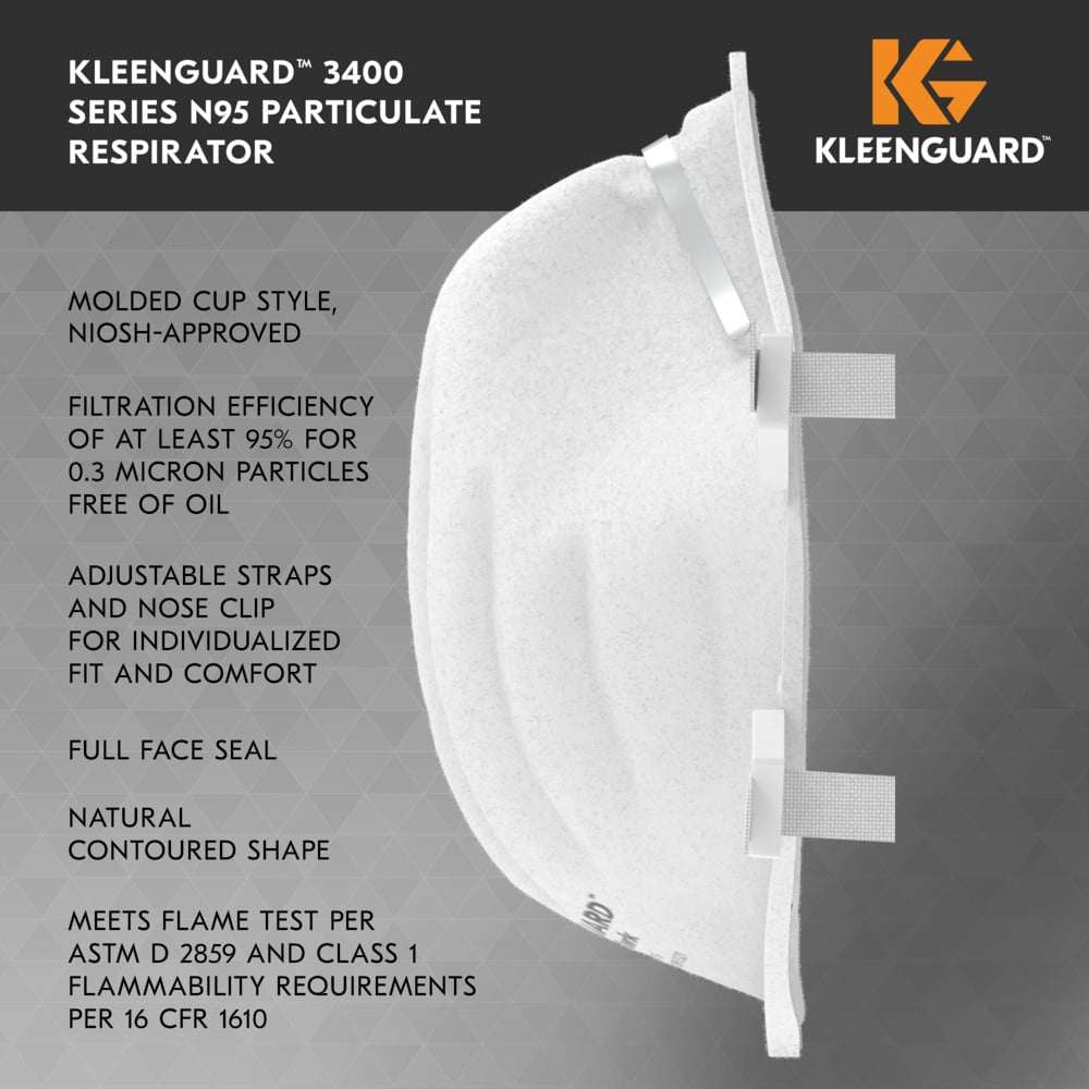 KleenGuard™ 3400 Series N95 Particulate Respirator (54627), RA3415 Molded Cup Style, NIOSH-Approved, Regular Fit, White (10 Respirators/Box, 12 Boxes/Case, 120 Respirators/Case) - 54627