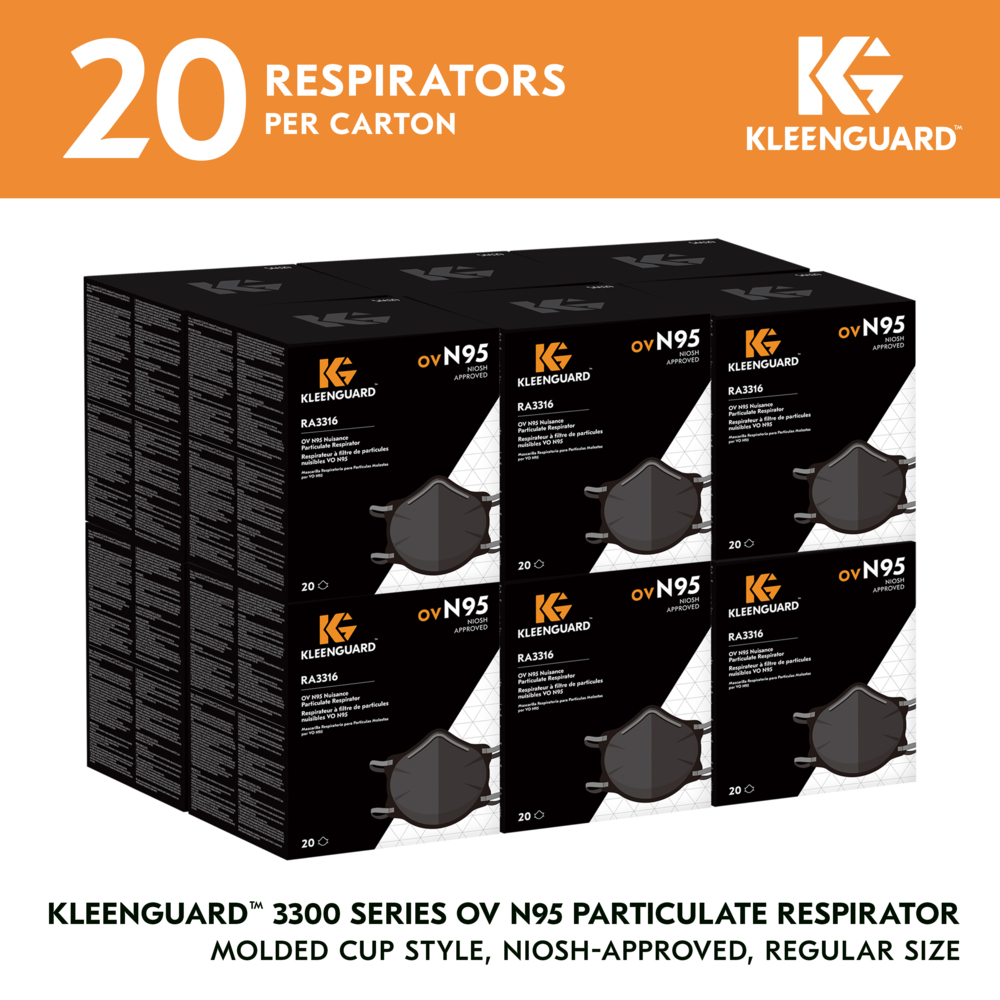 KleenGuard™ 3300 Series OV N95 Particulate Respirator (54629), RA3316 Molded Cup Style, NIOSH-Approved, Regular Fit, Grey (20 Respirators/Box, 12 Boxes/Case, 240 Respirators/Case) - 54629