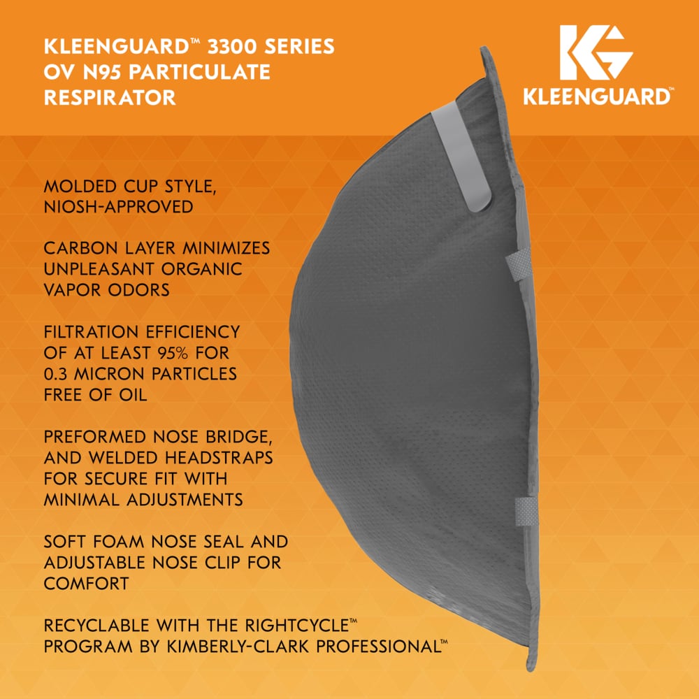 KleenGuard™ 3300 Series OV N95 Particulate Respirator (54629), RA3316 Molded Cup Style, NIOSH-Approved, Regular Fit, Grey (20 Respirators/Box, 12 Boxes/Case, 240 Respirators/Case) - 54629