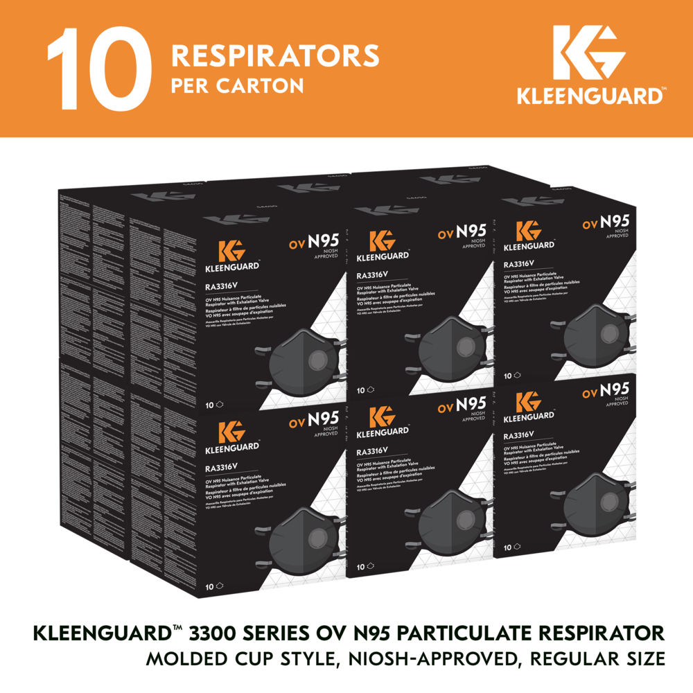 KleenGuard™ 3300 Series OV N95 Particulate Respirator (54630), RA3316V Molded Cup Style, NIOSH-Approved, Exhalation Valve, Regular Fit, Grey (10 Respirators/Box, 12 Boxes/Case, 120 Respirators/Case) - 54630