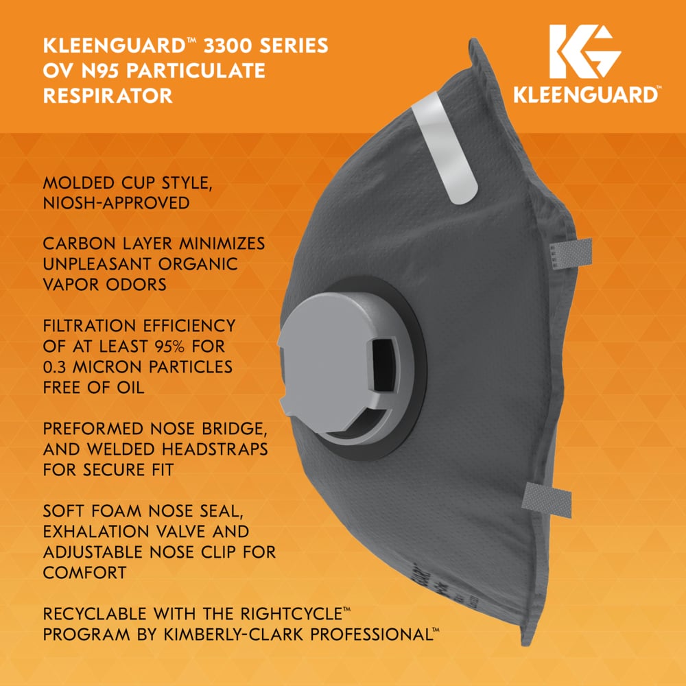 KleenGuard™ 3300 Series OV N95 Particulate Respirator (54630), RA3316V Molded Cup Style, NIOSH-Approved, Exhalation Valve, Regular Fit, Grey (10 Respirators/Box, 12 Boxes/Case, 120 Respirators/Case) - 54630