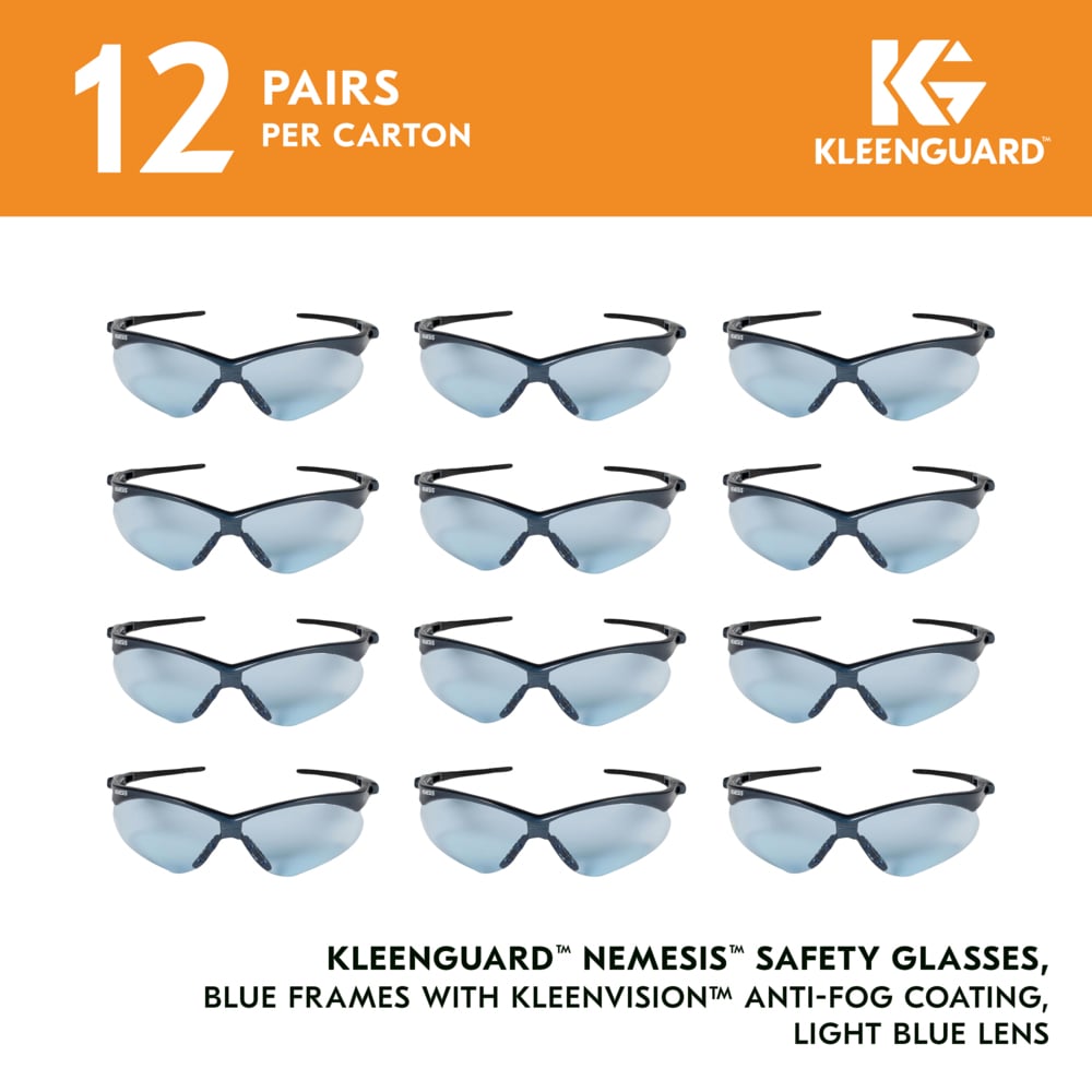 KleenGuard™ Nemesis™ Safety Glasses (19639), with KleenVision™ Anti-Fog Coating, Light Blue Lenses, Blue Frame, Unisex for Men and Women (Qty 12) - 19639