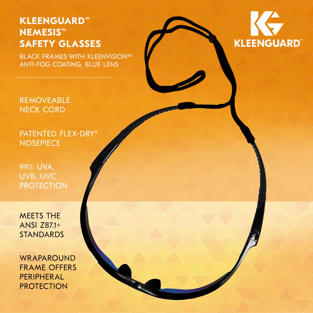 KleenGuard™ V30 Nemesis™ Safety Glasses (14481), Blue Lenses with Mirror coating, Black Frame, Unisex Eyewear for Men and Women (12 Pairs/Case) - 14481