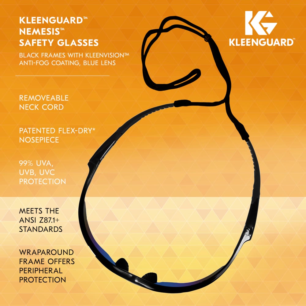 KleenGuard™ V30 Nemesis™ Safety Glasses (14481), Blue Lenses with Mirror coating, Black Frame, Unisex Eyewear for Men and Women (12 Pairs/Case) - 14481