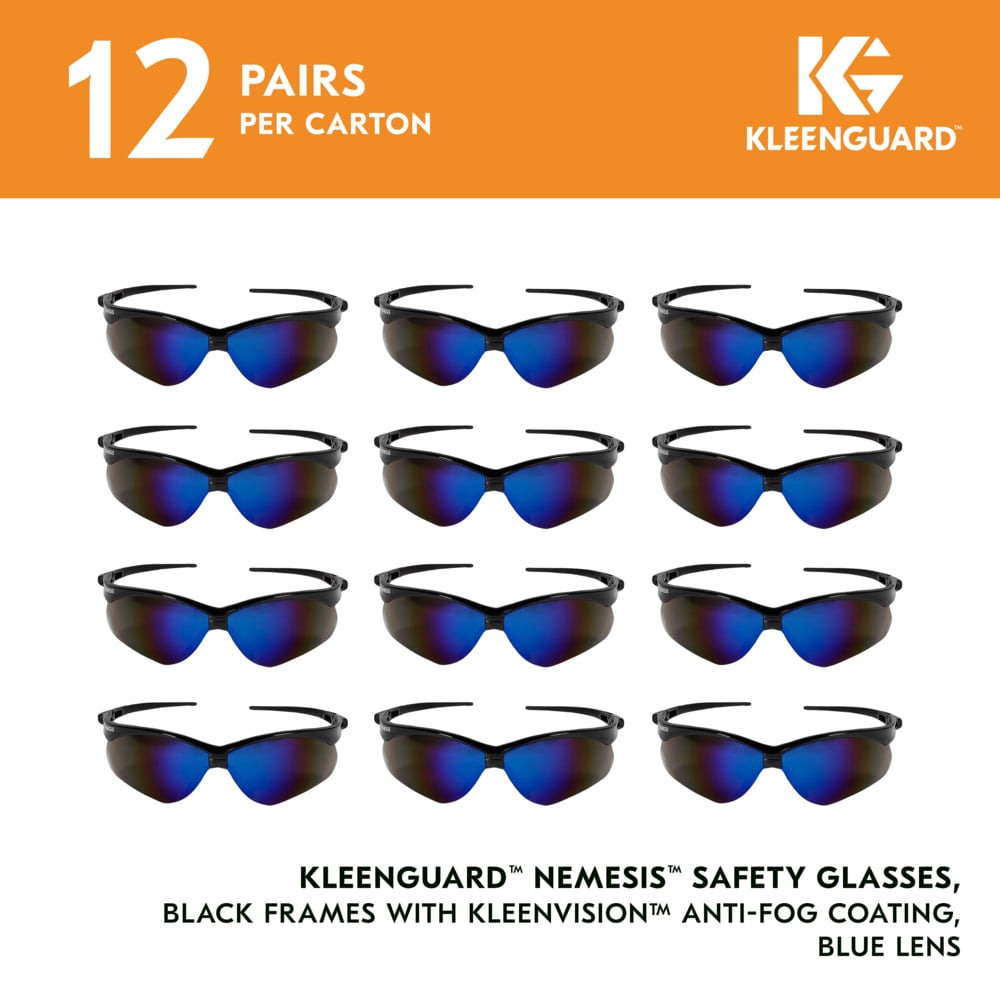 KleenGuard™ V30 Nemesis™ Safety Glasses (14481), Blue Lenses with Mirror coating, Black Frame, Unisex Eyewear for Men and Women (12 Pairs/Case) - 14481