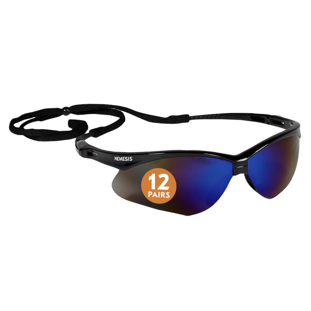 KleenGuard™ Nemesis™ Safety Glasses (14481), with KleenVision™ Anti-Fog Coating, Blue Lenses, Black Frame, Unisex for Men and Women (Qty 12)