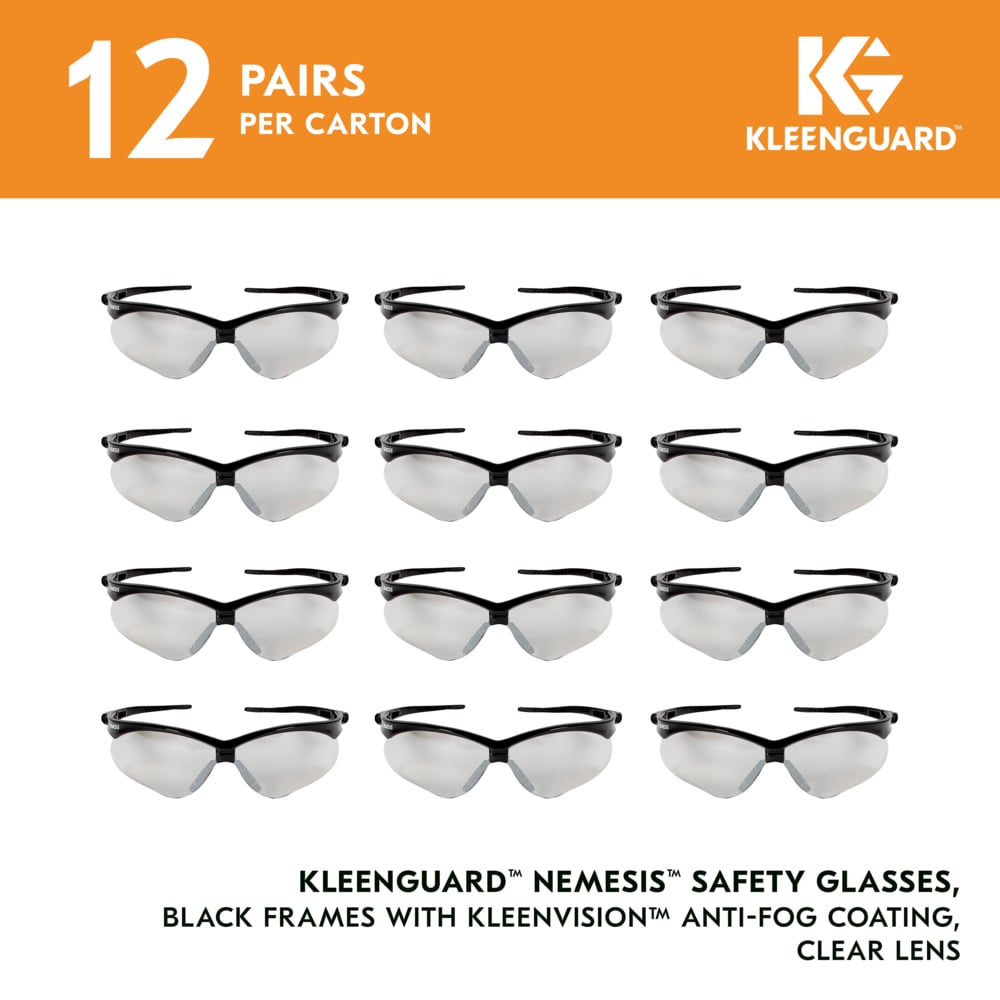 KleenGuard™ V30 Nemesis™ Safety Glasses (25679), Clear Lenses with KleenVision™ Anti-Fog coating, Black Frame, Unisex Eyewear for Men and Women (12 Pairs/Case) - 25679