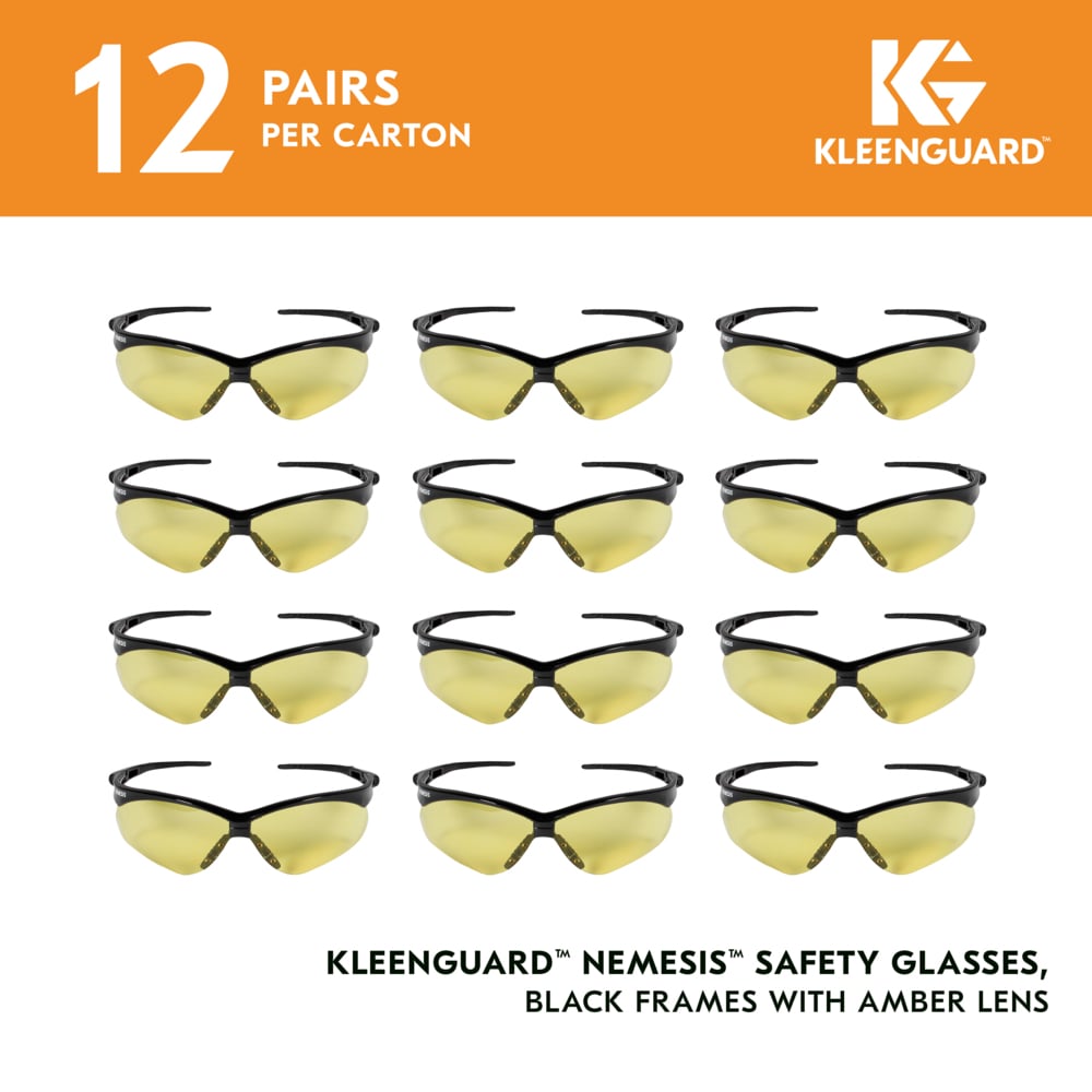 KleenGuard™ V30 Nemesis™ Safety Glasses (25659), Amber/Yellow Lenses, Black Frame, Unisex Eyewear for Men and Women (12 Pairs/Case) - 25659