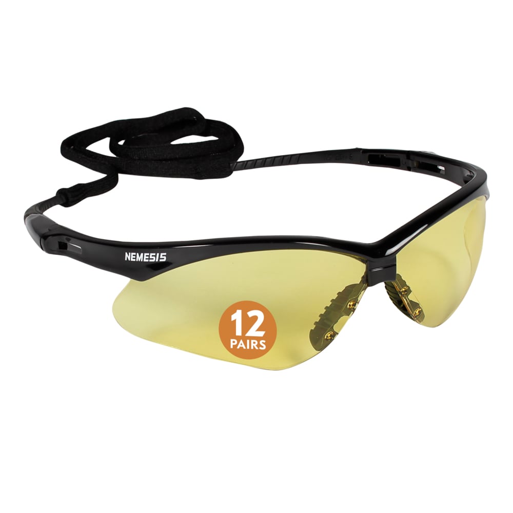 KleenGuard™ V30 Nemesis™ Safety Glasses (25659), Amber/Yellow Lenses, Black Frame, Unisex Eyewear for Men and Women (12 Pairs/Case) - 25659