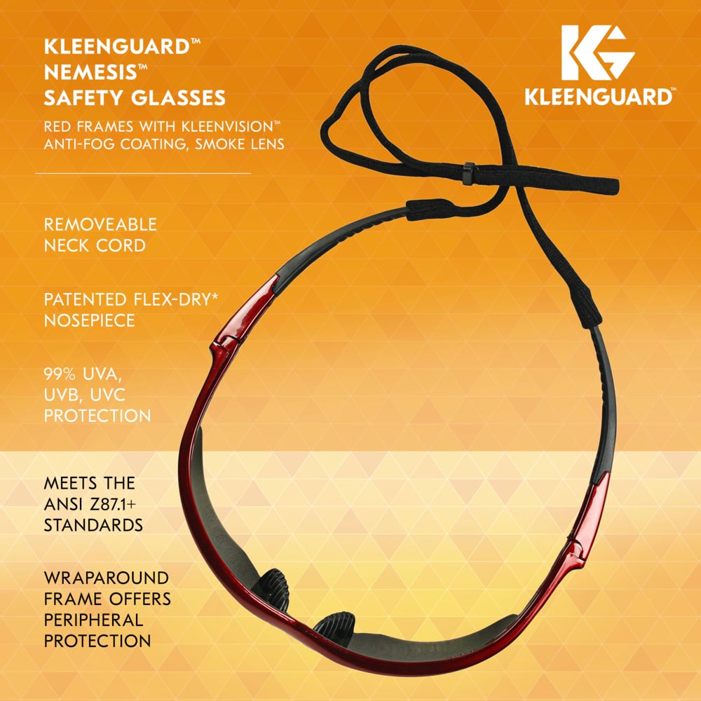 KleenGuard™ Nemesis™ Safety Glasses (22611), with KleenVision™ Anti-Fog Coating, Smoke Lenses, Red Frame, Unisex for Men and Women (Qty 12) - 22611