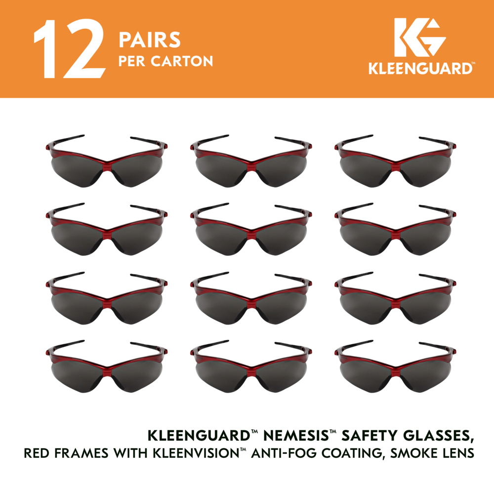 KleenGuard™ V30 Nemesis™ Safety Glasses (22611), Smoke Lenses with KleenVision™ Anti-Fog coating, Red Frame, Unisex Eyewear for Men and Women (12 Pairs/Case) - 22611