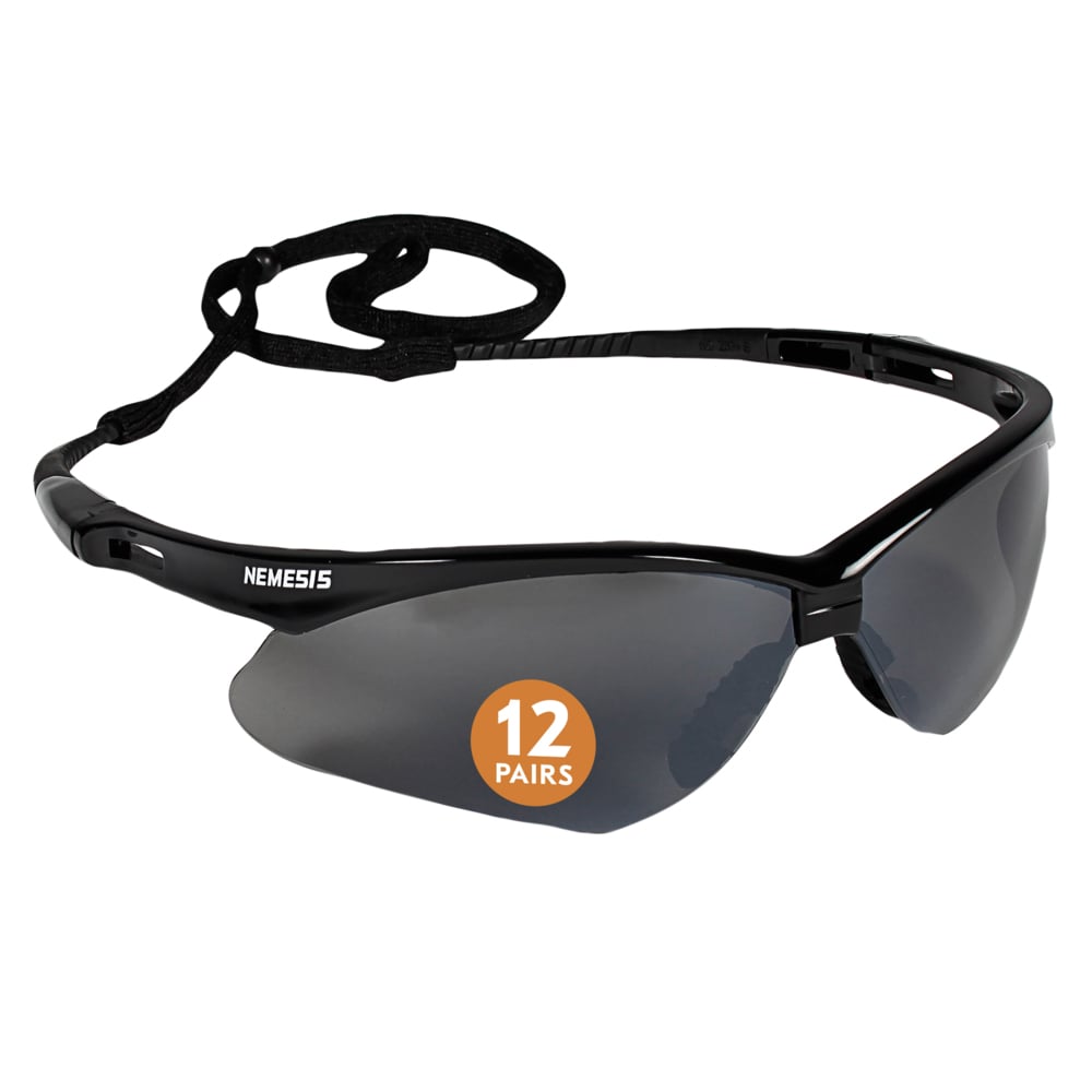KleenGuard™ V30 Nemesis™ Safety Glasses (25688), Smoke Lenses with Mirror coating, Black Frame, Unisex Sunglasses for Men and Women (12 Pairs/Case)