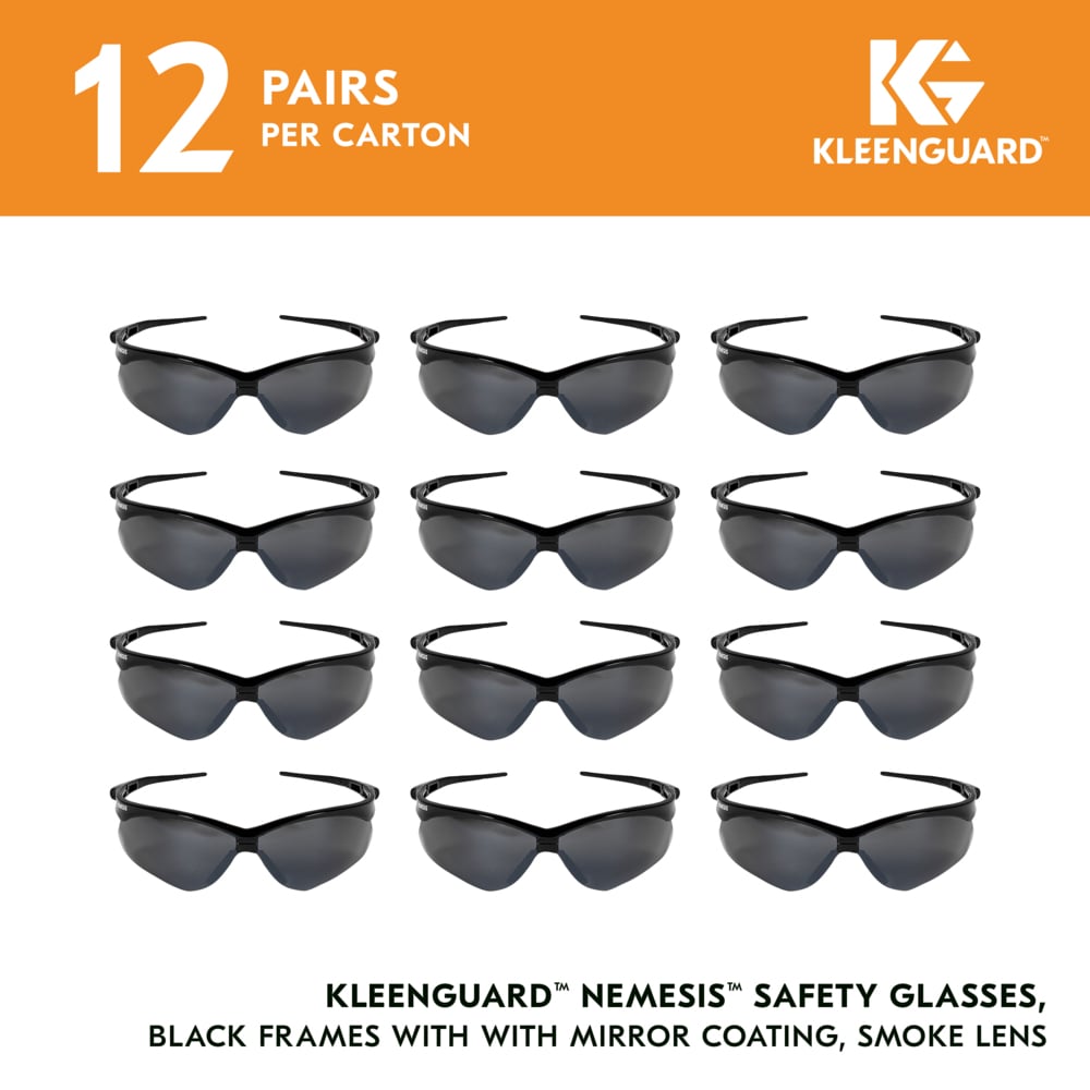 KleenGuard™ V30 Nemesis™ Safety Glasses (25688), Smoke Lenses with Mirror coating, Black Frame, Unisex Sunglasses for Men and Women (12 Pairs/Case) - 25688