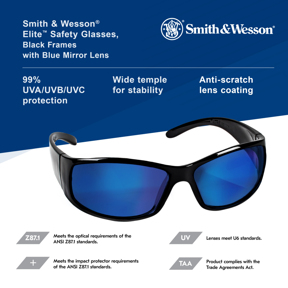 Smith & Wesson® Elite™ Safety Glasses (21307), Blue Mirror Lenses with Mirror coating, Black Frame, Unisex Eyewear for Men and Women (12 Pairs/Case) - 21307