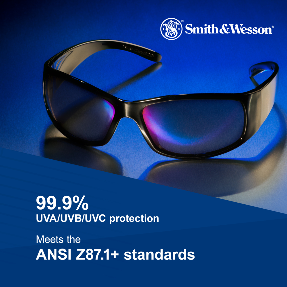 Smith & Wesson® Elite™ Safety Glasses (21307), Blue Mirror Lenses with Mirror coating, Black Frame, Unisex Eyewear for Men and Women (12 Pairs/Case) - 21307