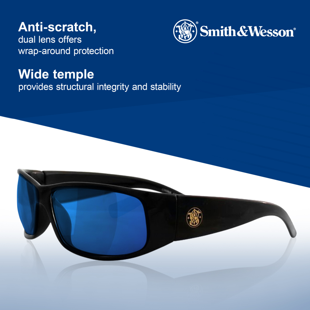 Smith & Wesson® Elite™ Safety Glasses (21307), Blue Mirror Lenses with Mirror coating, Black Frame, Unisex Eyewear for Men and Women (12 Pairs/Case) - 21307
