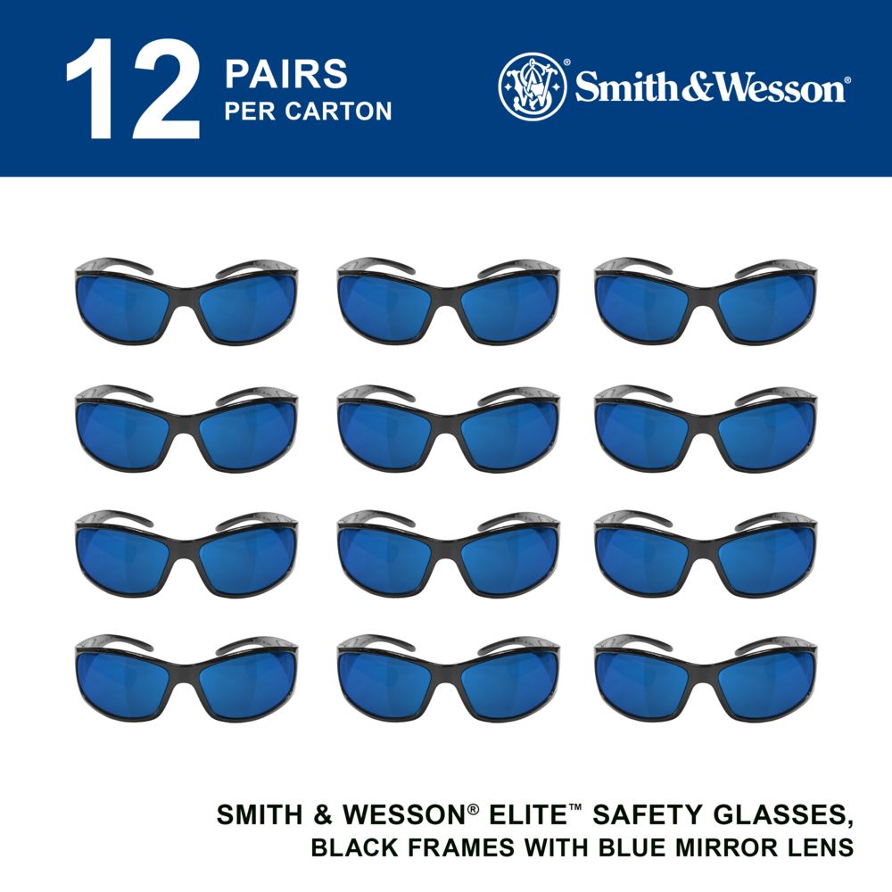 Smith & Wesson® Elite™ Safety Glasses (21307), Blue Mirror Lenses with Mirror coating, Black Frame, Unisex Eyewear for Men and Women (12 Pairs/Case) - 21307