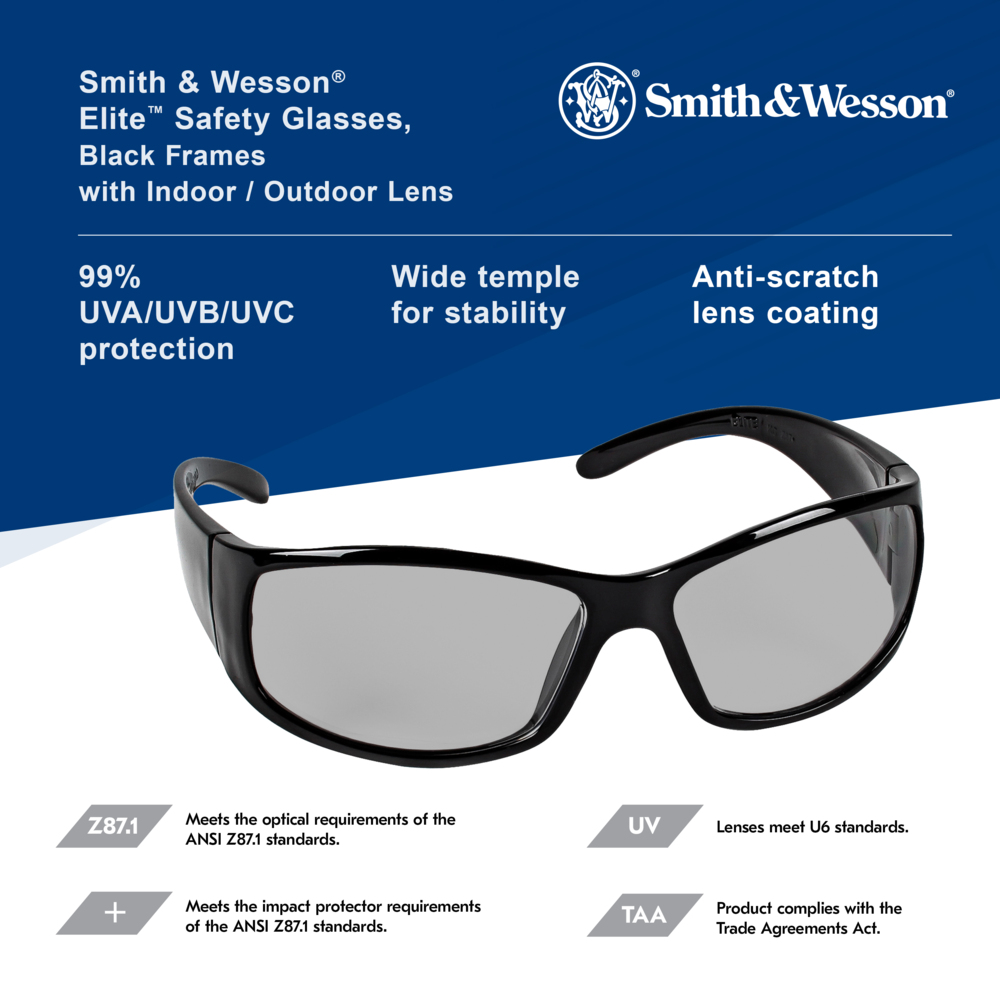 Smith & Wesson® Elite™ Safety Glasses (21306), Indoor/Outdoor Lenses with Scratch-Resistant coating, Black Frame, Unisex Eyewear for Men and Women (12 Pairs/Case) - 21306