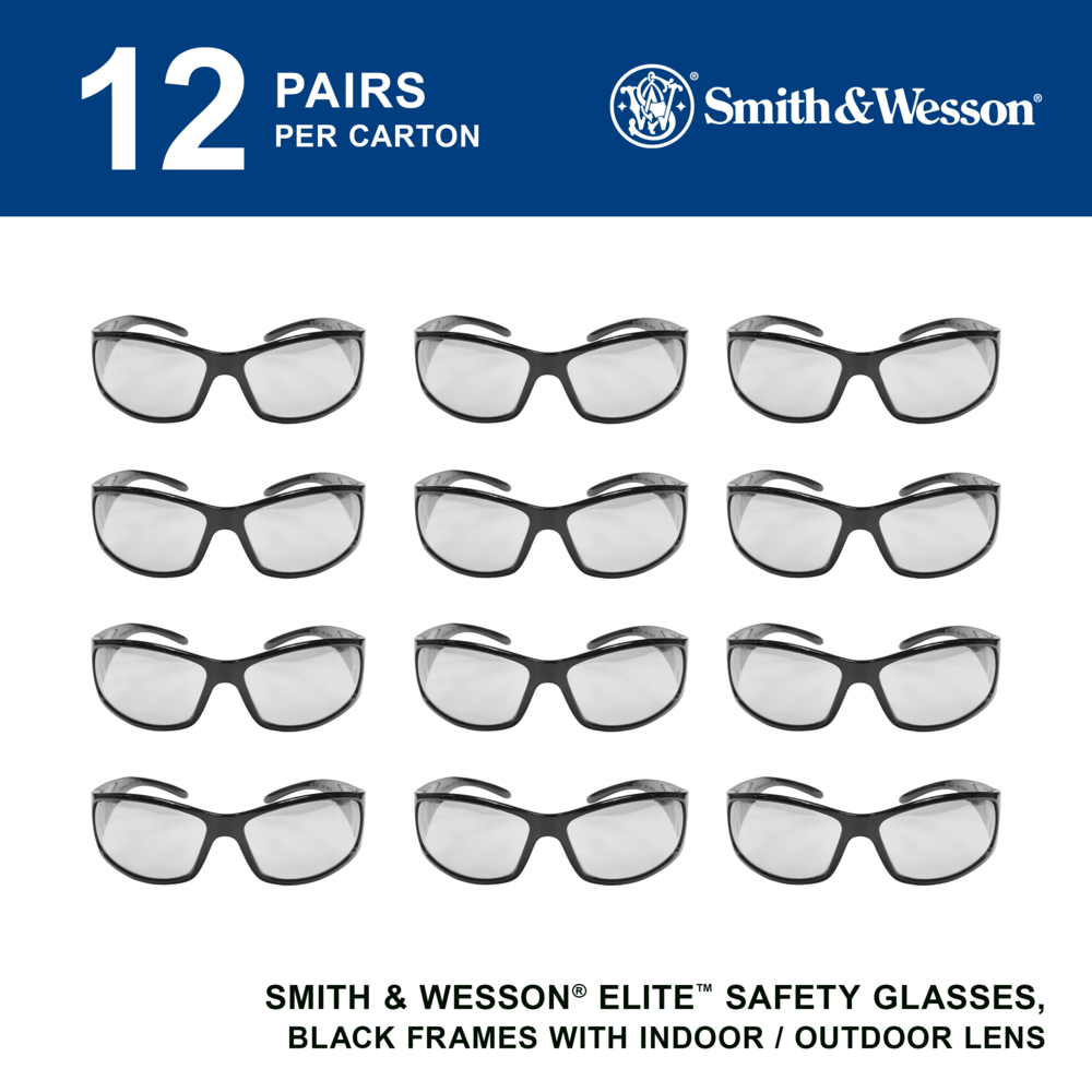 Smith & Wesson® Elite™ Safety Glasses (21306), Indoor/Outdoor Lenses with Scratch-Resistant coating, Black Frame, Unisex Eyewear for Men and Women (12 Pairs/Case) - 21306