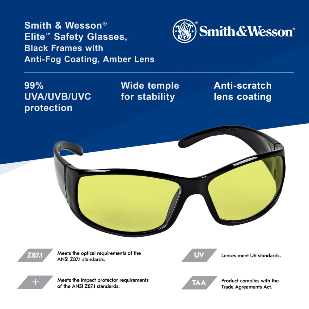 Smith & Wesson® Elite™ Safety Glasses (21305), Amber/Yellow Lenses with Anti-Fog coating, Black Frame, Unisex Eyewear for Men and Women (12 Pairs/Case) - 21305