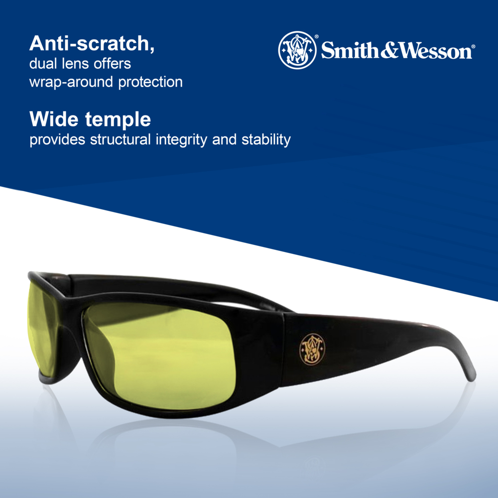 Smith & Wesson® Elite™ Safety Glasses (21305), Amber/Yellow Lenses with Anti-Fog coating, Black Frame, Unisex Eyewear for Men and Women (12 Pairs/Case) - 21305
