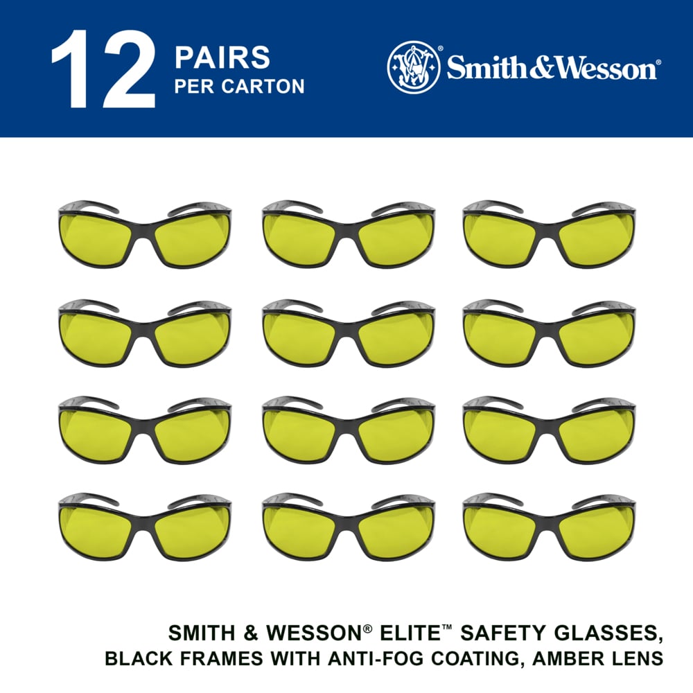 Smith & Wesson® Elite™ Safety Glasses (21305), Amber/Yellow Lenses with Anti-Fog coating, Black Frame, Unisex Eyewear for Men and Women (12 Pairs/Case) - 21305