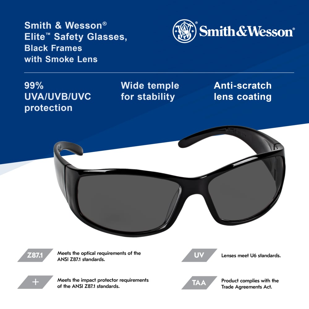 Smith & Wesson® Elite™ Safety Glasses (21303), Smoke Lenses with Anti-Fog coating, Black Frame, Unisex Sunglasses for Men and Women (12 Pairs/Case) - 21303