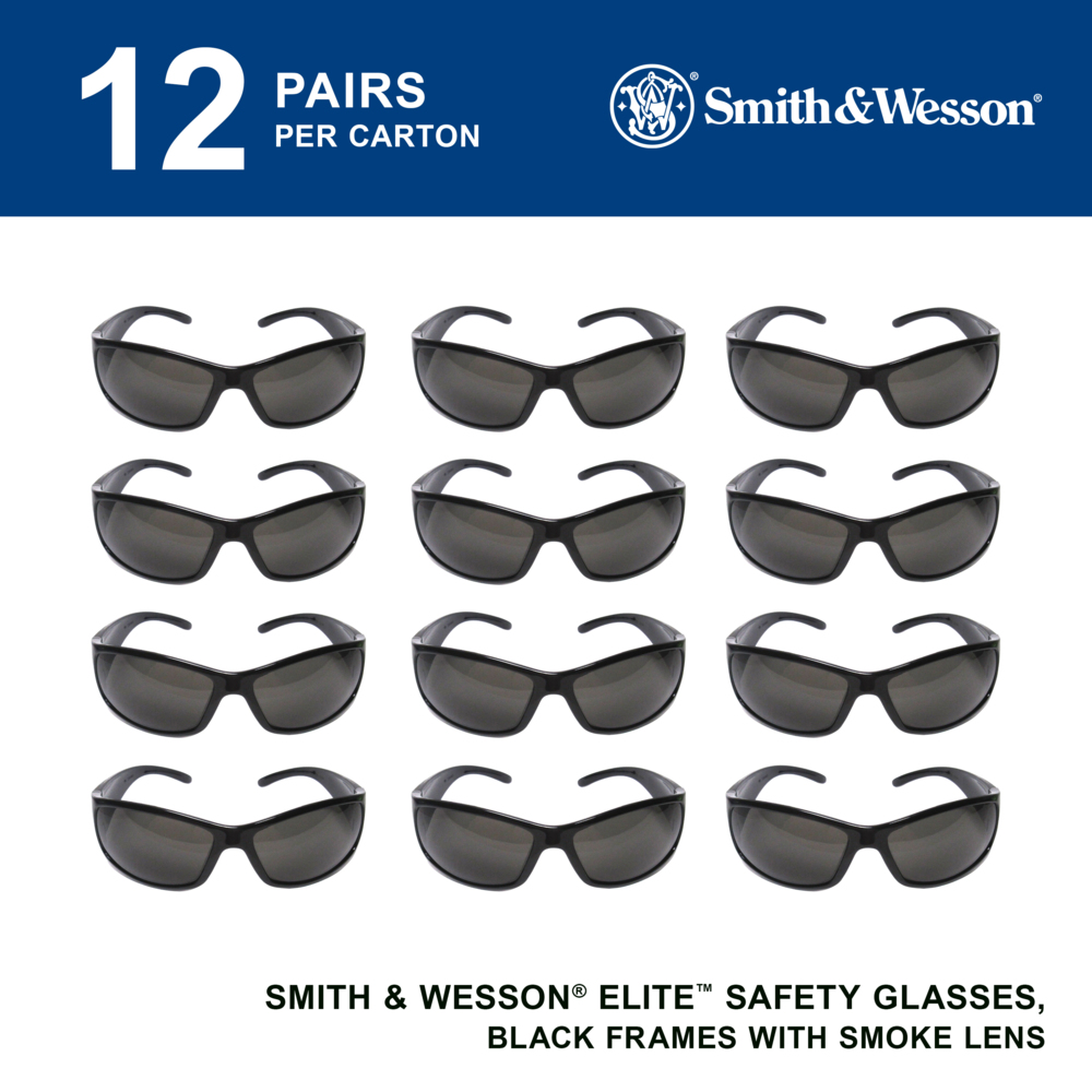Smith & Wesson® Elite™ Safety Glasses (21303), Smoke Lenses with Anti-Fog coating, Black Frame, Unisex Sunglasses for Men and Women (12 Pairs/Case) - 21303