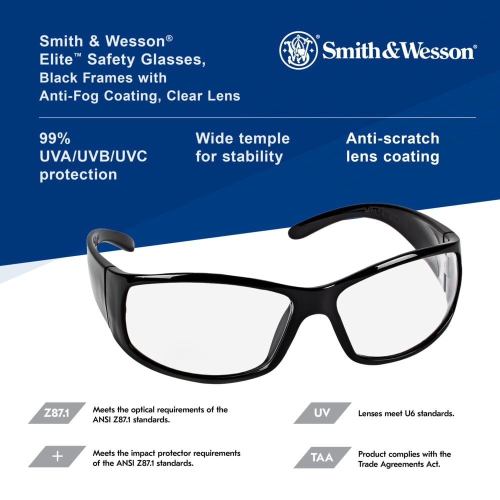 Smith & Wesson® Elite™ Safety Glasses (21302), Clear Lenses with Anti-Fog coating, Black Frame, Unisex Eyewear for Men and Women (12 Pairs/Case) - 21302