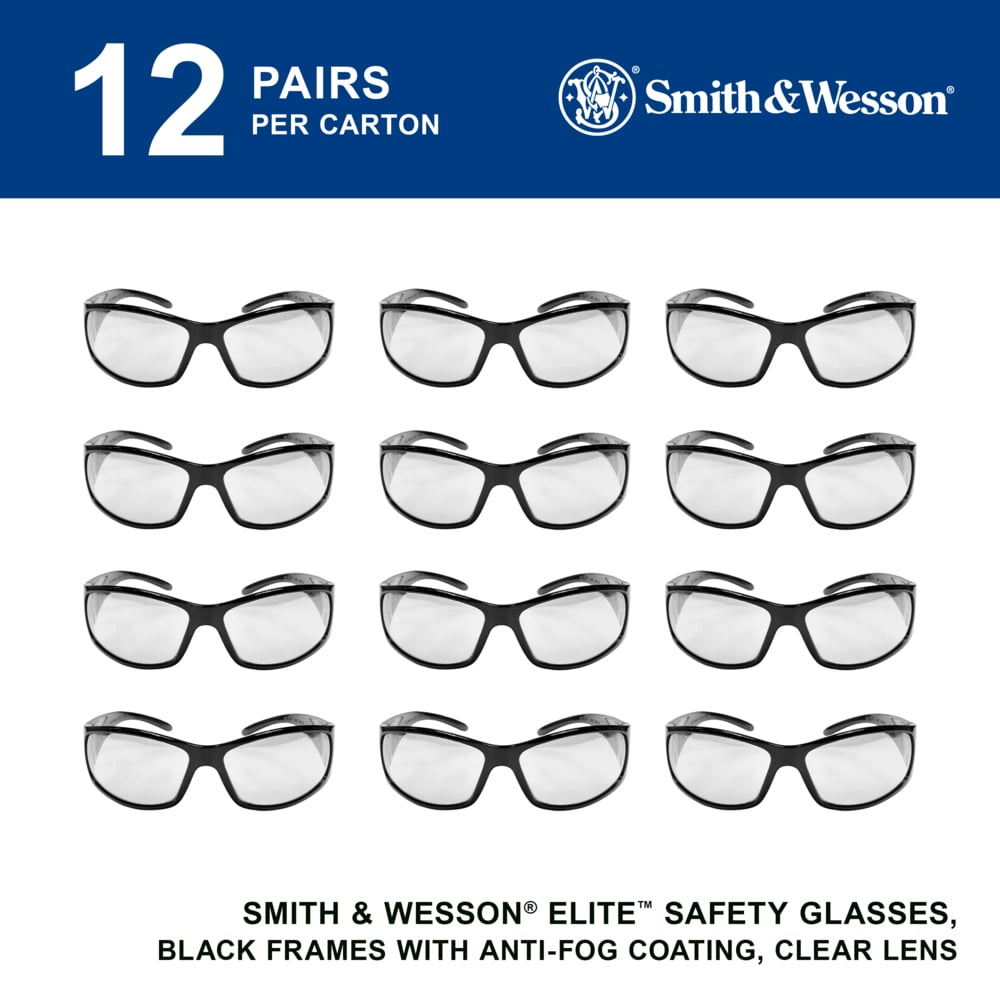 Smith & Wesson® Elite™ Safety Glasses (21302), Clear Lenses with Anti-Fog coating, Black Frame, Unisex Eyewear for Men and Women (12 Pairs/Case) - 21302