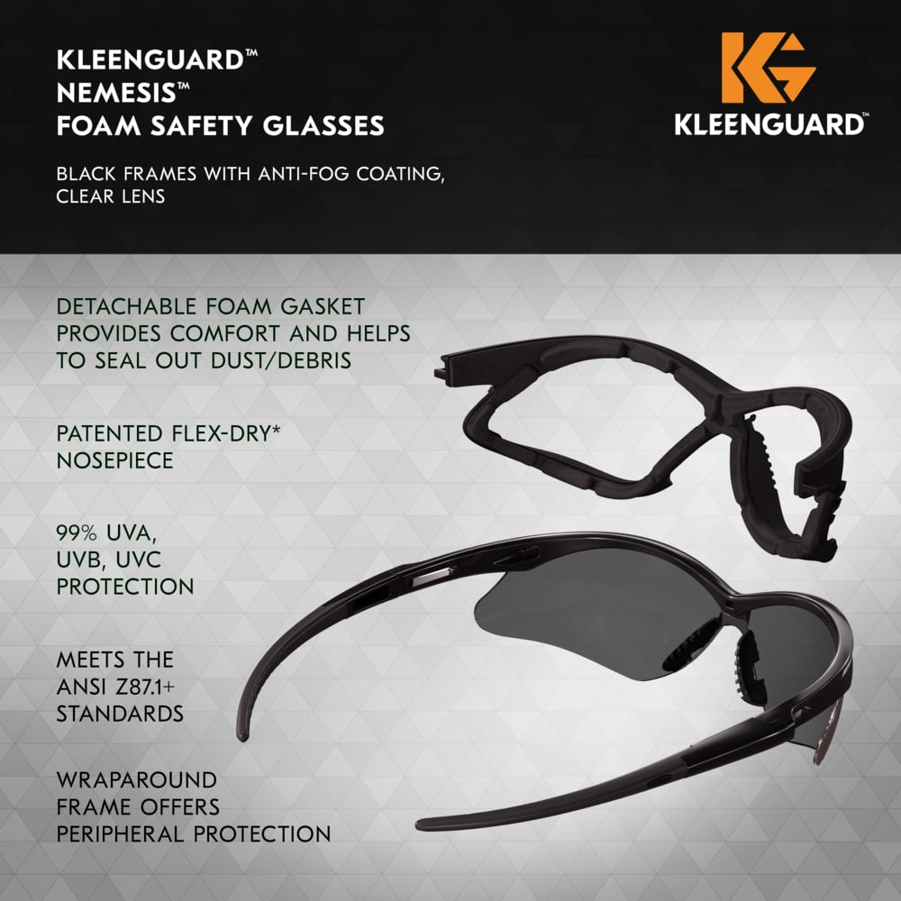 KleenGuard™ V30 Nemesis™ Foam Safety Glasses (65336), Smoke Lenses with KleenVision™ Anti-Fog coating, Black Frame, Unisex Eyewear for Men and Women (12 Pairs/Case) - 65336