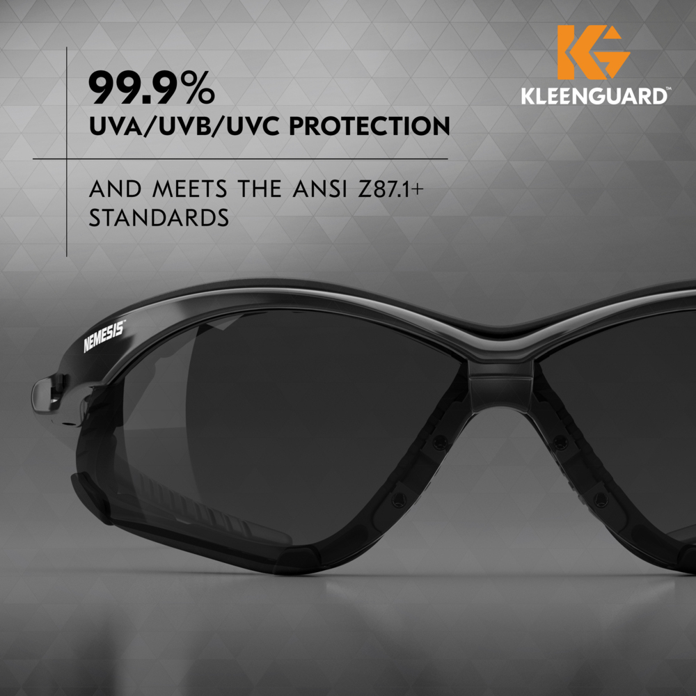 KleenGuard™ V30 Nemesis™ Foam Safety Glasses (65336), Smoke Lenses with KleenVision™ Anti-Fog coating, Black Frame, Unisex Eyewear for Men and Women (12 Pairs/Case) - 65336