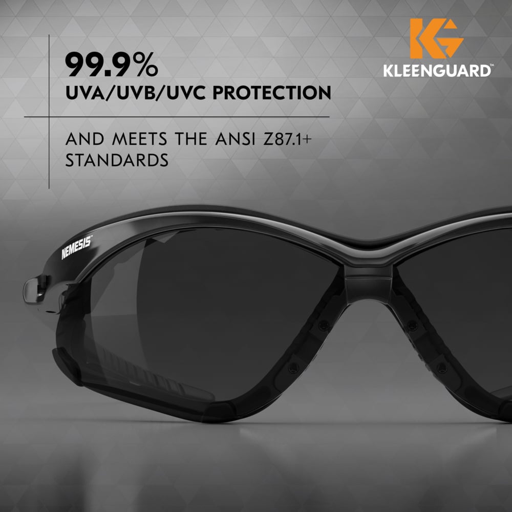 KleenGuard™ V30 Nemesis™ Foam Safety Glasses (65336), Smoke Lenses with KleenVision™ Anti-Fog coating, Black Frame, Unisex Eyewear for Men and Women (12 Pairs/Case) - 65336