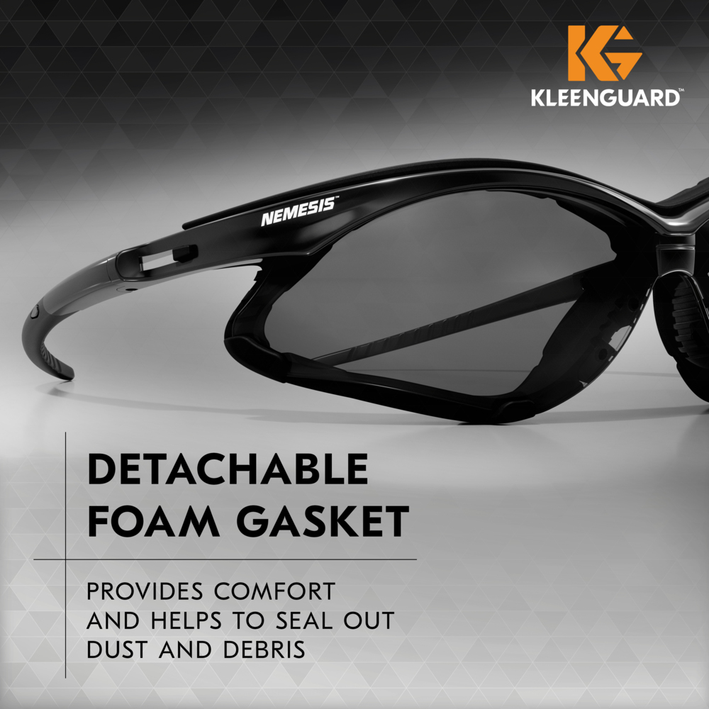 KleenGuard™ V30 Nemesis™ Foam Safety Glasses (65336), Smoke Lenses with KleenVision™ Anti-Fog coating, Black Frame, Unisex Eyewear for Men and Women (12 Pairs/Case) - 65336