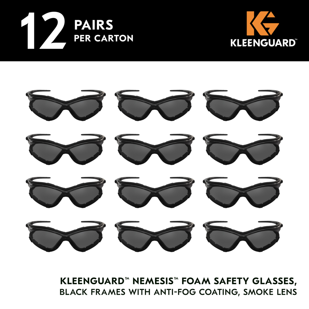 KleenGuard™ V30 Nemesis™ Foam Safety Glasses (65336), Smoke Lenses with KleenVision™ Anti-Fog coating, Black Frame, Unisex Eyewear for Men and Women (12 Pairs/Case) - 65336