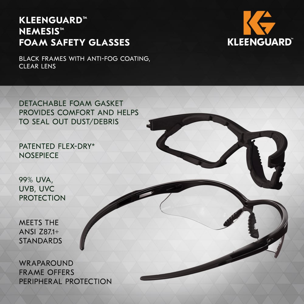 KleenGuard™ V30 Nemesis™ Foam Safety Glasses (65335), Clear Lenses with KleenVision™ Anti-Fog coating, Black Frame, Unisex Eyewear for Men and Women (12 Pairs/Case) - 65335