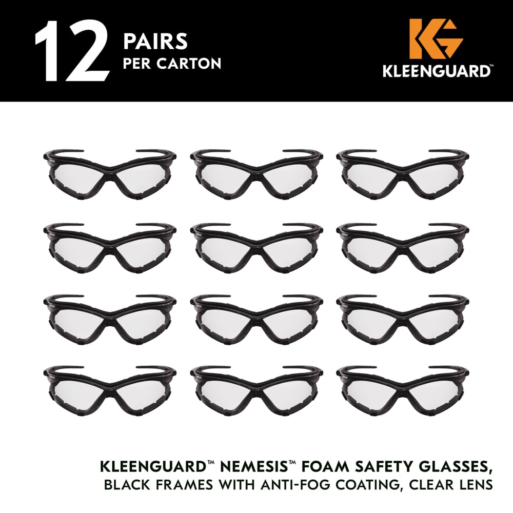 KleenGuard™ V30 Nemesis™ Foam Safety Glasses (65335), Clear Lenses with KleenVision™ Anti-Fog coating, Black Frame, Unisex Eyewear for Men and Women (12 Pairs/Case) - 65335